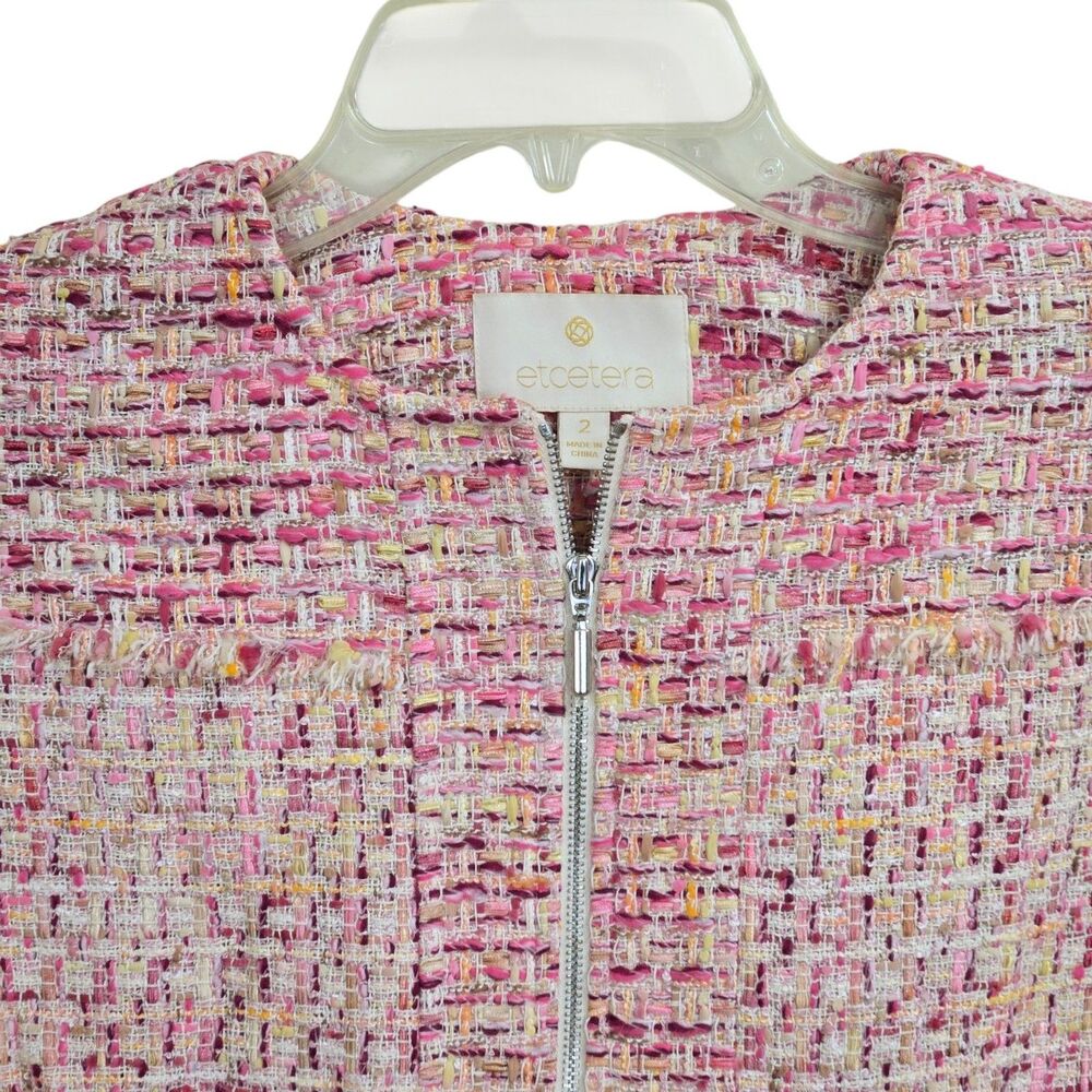 Etcetera Fringe Tweed Jacket Size 2 Zip Front Barbie Pink Tones Office old money